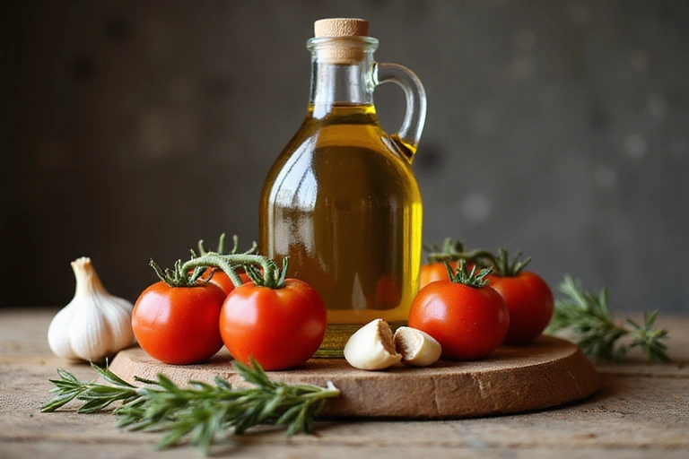 Olívaolaj, paradicsom és fokhagyma egy konyhai asztalon