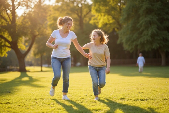 Fiatal anyuka játszik gyermekével a parkban, energikusan.