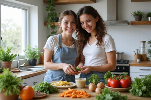 Fiatal vegán pár főz együtt a konyhában, sok zöldséggel.